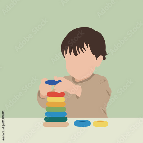 Youngster stacks colorful ring tower toy on table in simple illustration