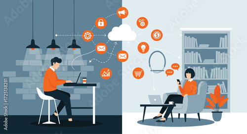 Digital nomad lifestyle connecting people through cloud technology and social media icons vector