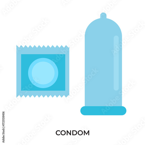 Condom with packaging, a male contraceptive used in reproductive health to prevent pregnancy, flat art design style.
