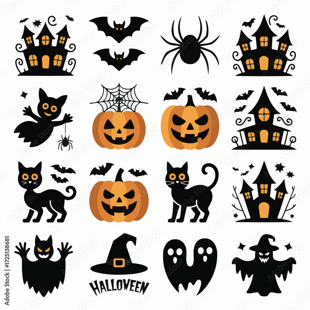 Fototapeta premium Cute Spooky Halloween Icons and Elements Vector Pack