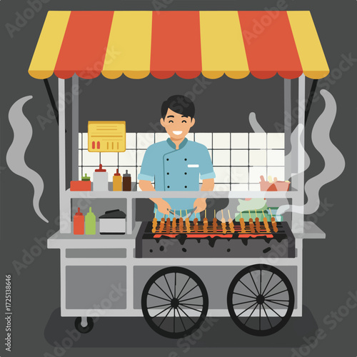 Smiling street vendor cooks meat skewers on a mobile cart with awning