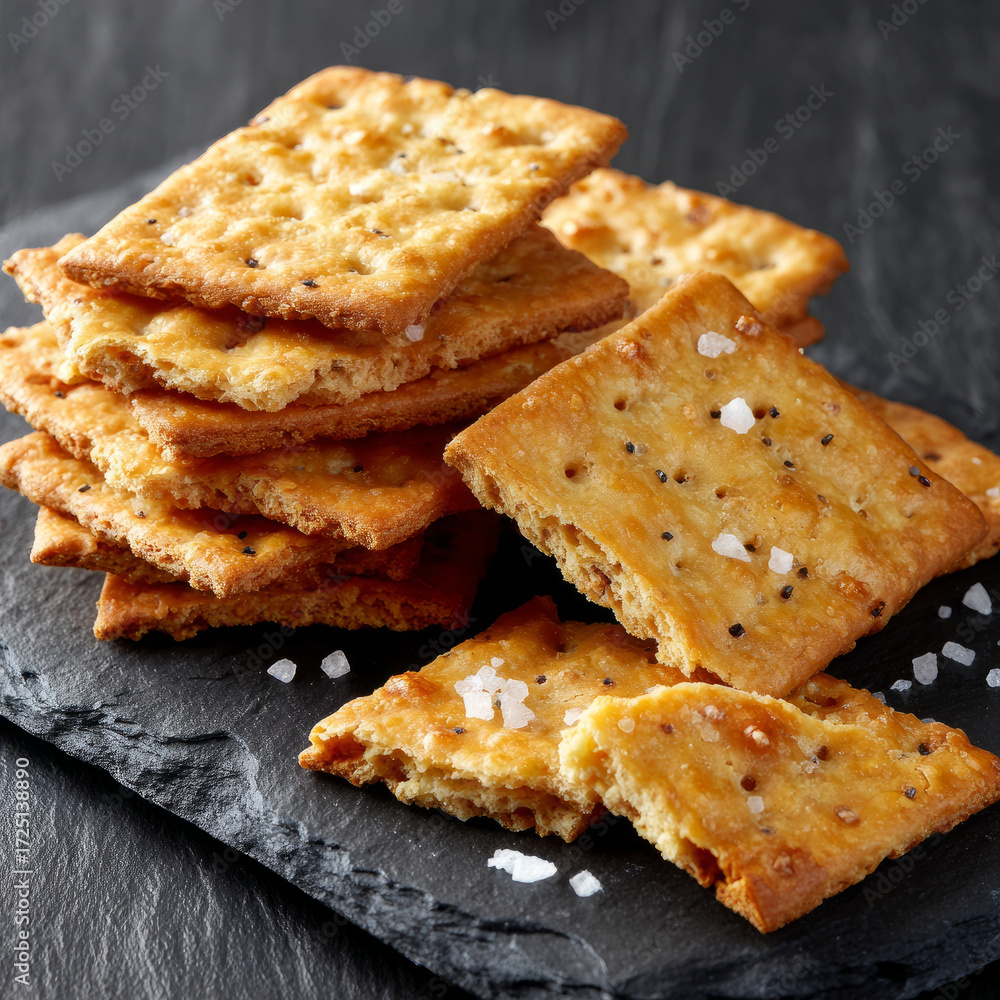 Fototapeta premium Stack of salted crackers on a slate surface, rustic and crispy.