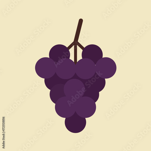 Stylized bunch of dark purple grapes with brown stem on beige background