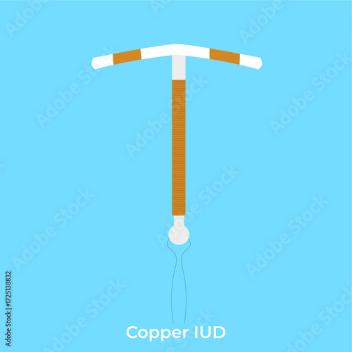 Copper IUD, non-hormonal intrauterine contraceptive for long-term pregnancy prevention, flat art design style.
