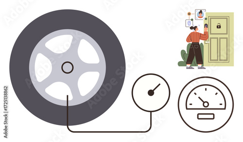 Large tire connected to pressure gauge with needle, person inspecting photos on door with lock. Ideal for safety, maintenance, security, attention, home care, problem-solving, simple flat metaphor