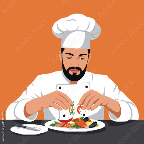 Chef garnishing seafood dish with herbs and shrimp, orange backdrop