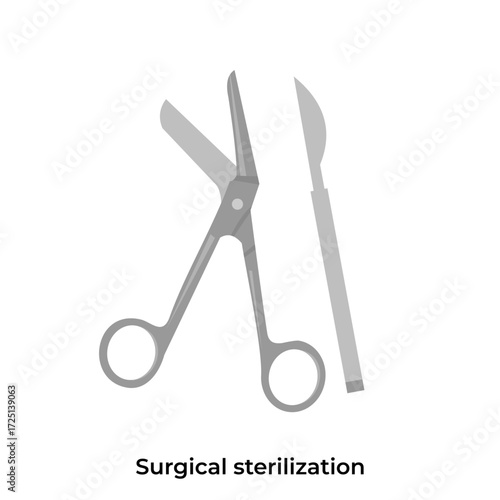 Medical surgical tools including scissors and scalpel, used in procedures like sterilization, flat art design style.
