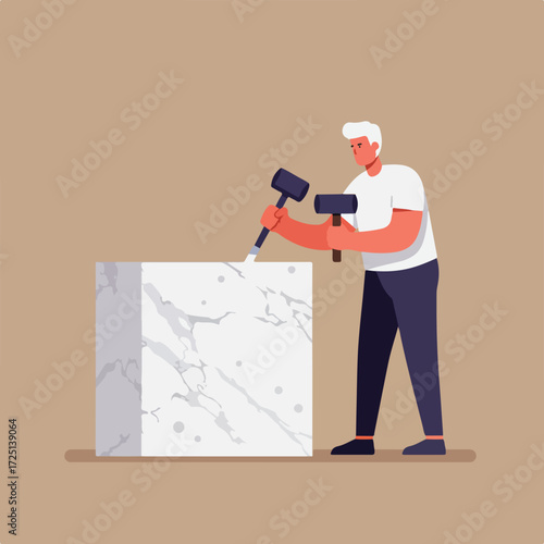 Stone carver chisels marble block with hammer