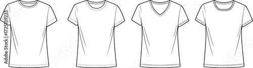 Men’s and women’s T‑shirt fashion sketch, technical flat illustration, CAD apparel drawing, vector clothing design, crew neck, V‑neck, scoop neck styles