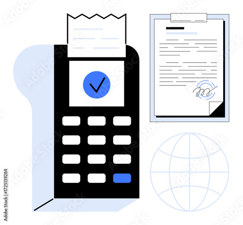 Digital payment terminal with printed receipt, signed document clipboard, and globe. Ideal for payment, transaction, ecommerce, agreement, finance global trade and business logistics. Simple flat