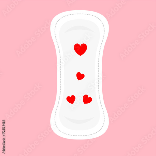 Sanitary pad with red heart icon, representing menstrual care and feminine comfort, flat art design style.
