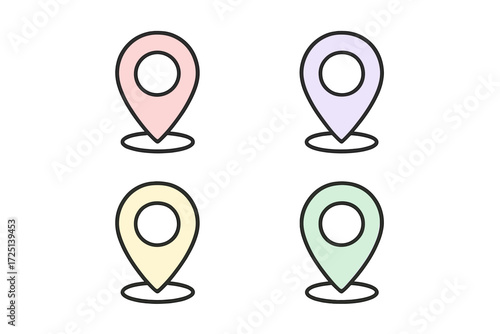 Colorful location markers arranged in four quadrants on a simple background for map applications and navigation