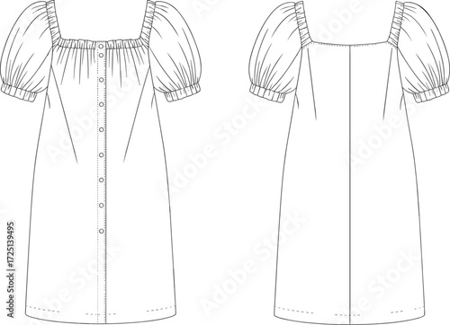 Women’s puff sleeve dress, square neckline, button front, fashion flat sketch, CAD apparel drawing, vector clothing design, front and back view