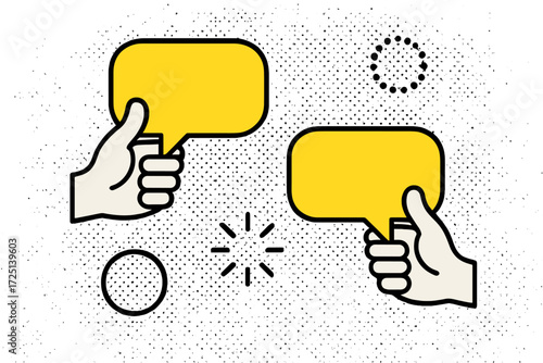 Colorful speech bubbles held by hands represent conversation and communication in a simple design