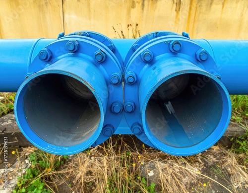 Two blue pipes joined by metal flanges