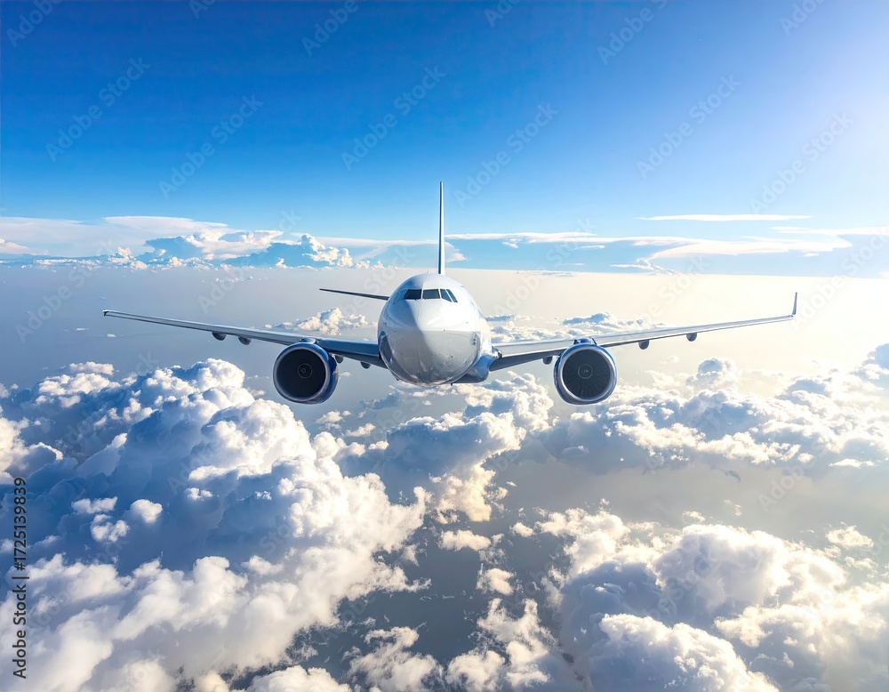 Naklejka premium Airplane Flying Above Fluffy Clouds Sunny Day