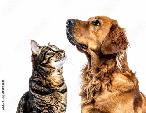 Close-up of a tabby cat and golden retriever looking upward