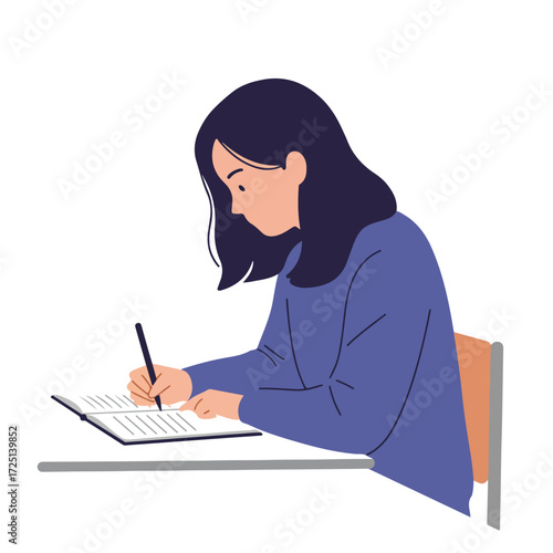 Woman writing on a notebook with a pen, sitting at a desk in a flat illustration
