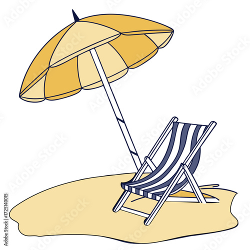 Beach scene with a striped deck chair and a yellow umbrella on sand summer