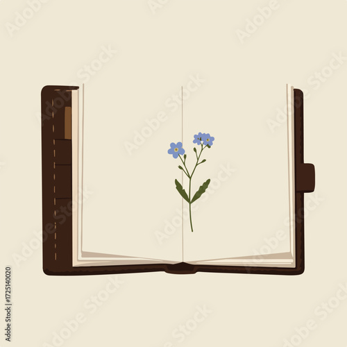 Open brown leather journal with a delicate sprig of blue forget-me-nots