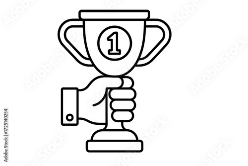 Winning hand holds trophy with number one symbol in a simple design for celebration and achievement themes