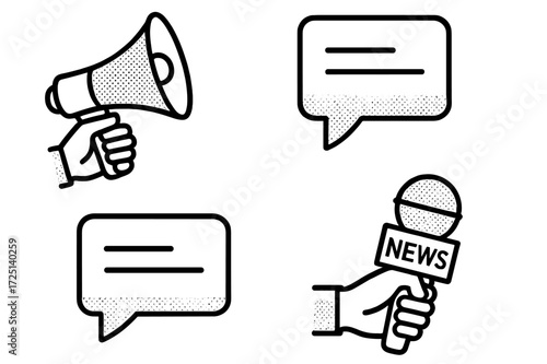 People communicate important news through a megaphone, speech bubbles, and a microphone in a lively discussion setting