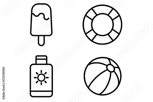 Various summer symbols including ice cream, a lifebuoy, sunscreen, and a beach ball perfect for fun outdoor activities
