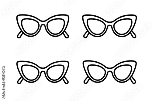 Stylish cat-eye sunglasses design featuring four variations in simple outlines for various uses