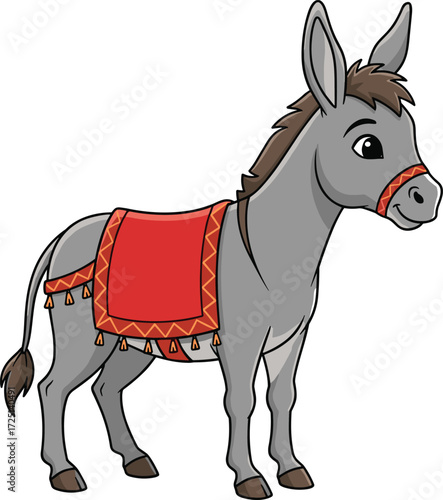 Cartoon donkey illustration, cute gray donkey with red blanket, decorative harness, farm animal artwork, cultural festive design, children’s book character, educational livestock drawing