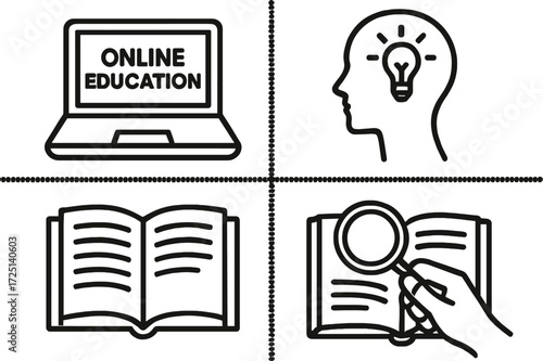 Online education and learning concepts represented through visual symbols showcasing digital study tools and thinking processes