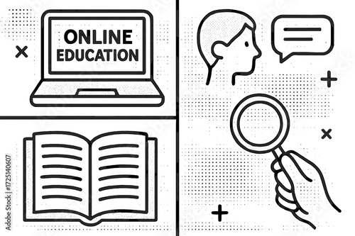Engaging elements of online education with a laptop, book, and student interaction in a digital setting