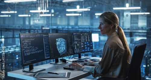 Wallpaper Mural Seated in a High-Tech Data Center, Female Developer Works on an Futuristic AI Model, Managing Open Code Windows and Parameter Adjustments Across Multiple Screens, Focused on AI Optimization Torontodigital.ca