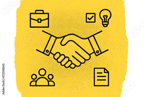 Business partnership handshake with symbols representing teamwork and ideas on a bright yellow background