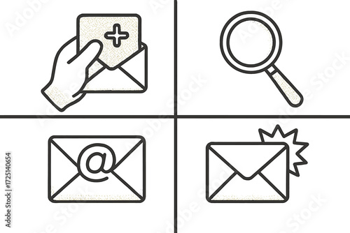 Hand holding an envelope with a plus symbol along with an email search and notification symbols at different corners