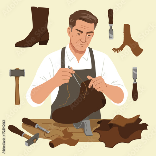 Cobbler sewing boot. Leather tools surround him, on a pale background