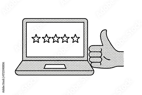 Positive online review displayed on a laptop screen with a thumbs up gesture visible in the background