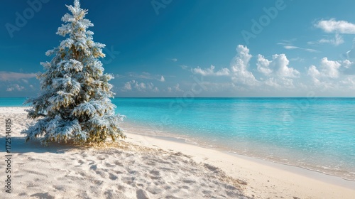 Wallpaper Mural A snow-covered Christmas tree stands on a pristine white sand beach beside a vibrant turquoise ocean under a clear blue sky. Torontodigital.ca