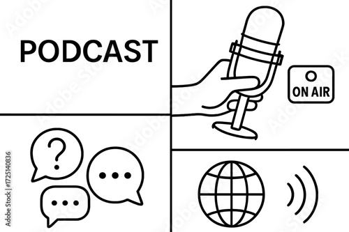 Engaging podcast session in progress with microphone and conversation bubbles in a creative layout
