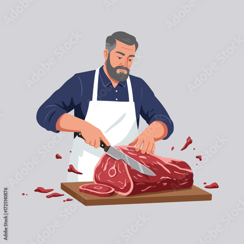 Butcher slices large raw meat cut