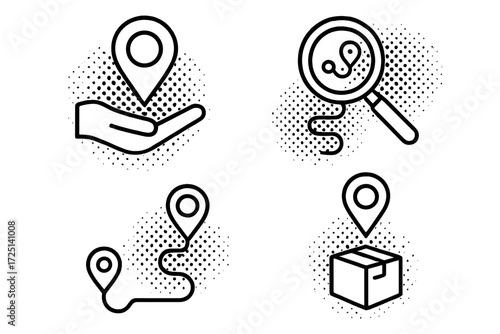 Icons representing location tracking and mapping services with hands, magnifying glass, and delivery box