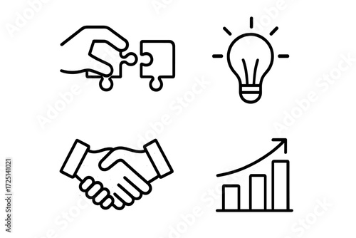 Collaboration and growth concepts with puzzle pieces, light bulb, handshake, and rising graph in a simple design