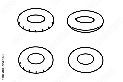 Various designs of circular objects shown from different angles in a minimal style