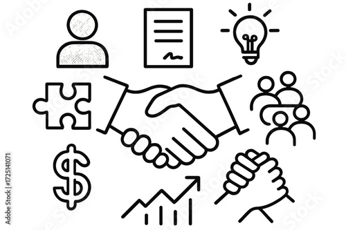 Business collaboration concept with handshake, lightbulb, and puzzle pieces representing teamwork and innovation in a professional setting