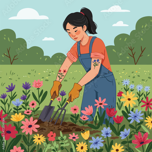 Cartoon woman gardening in a flower bed with shovel & fork, flower tattoos
