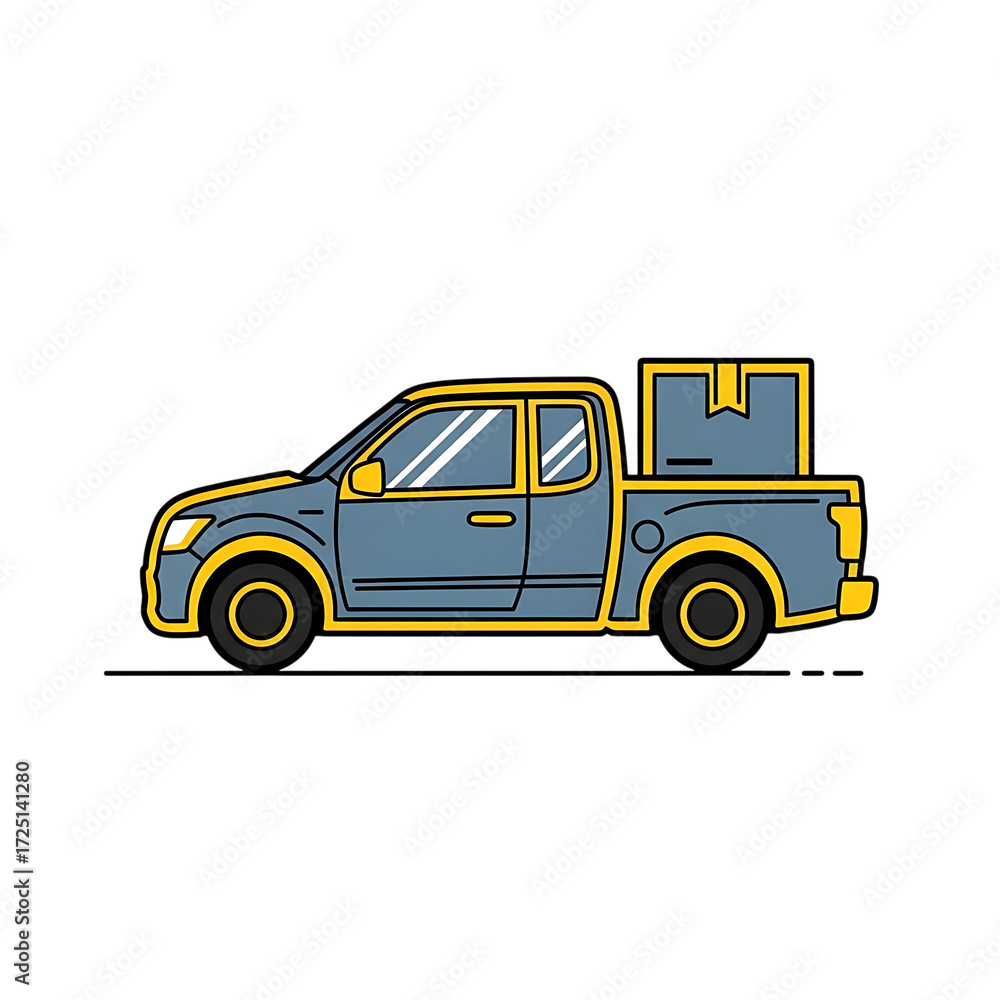 Obraz premium Illustration of a blue pickup truck with a box in the bed for delivery and transport use on transparent background