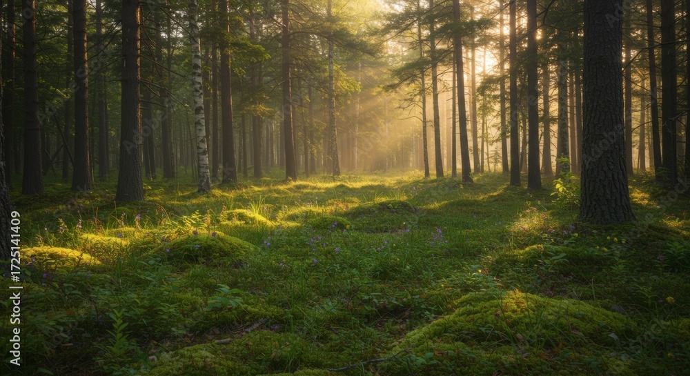 Fototapeta premium Forest path sunlight morning