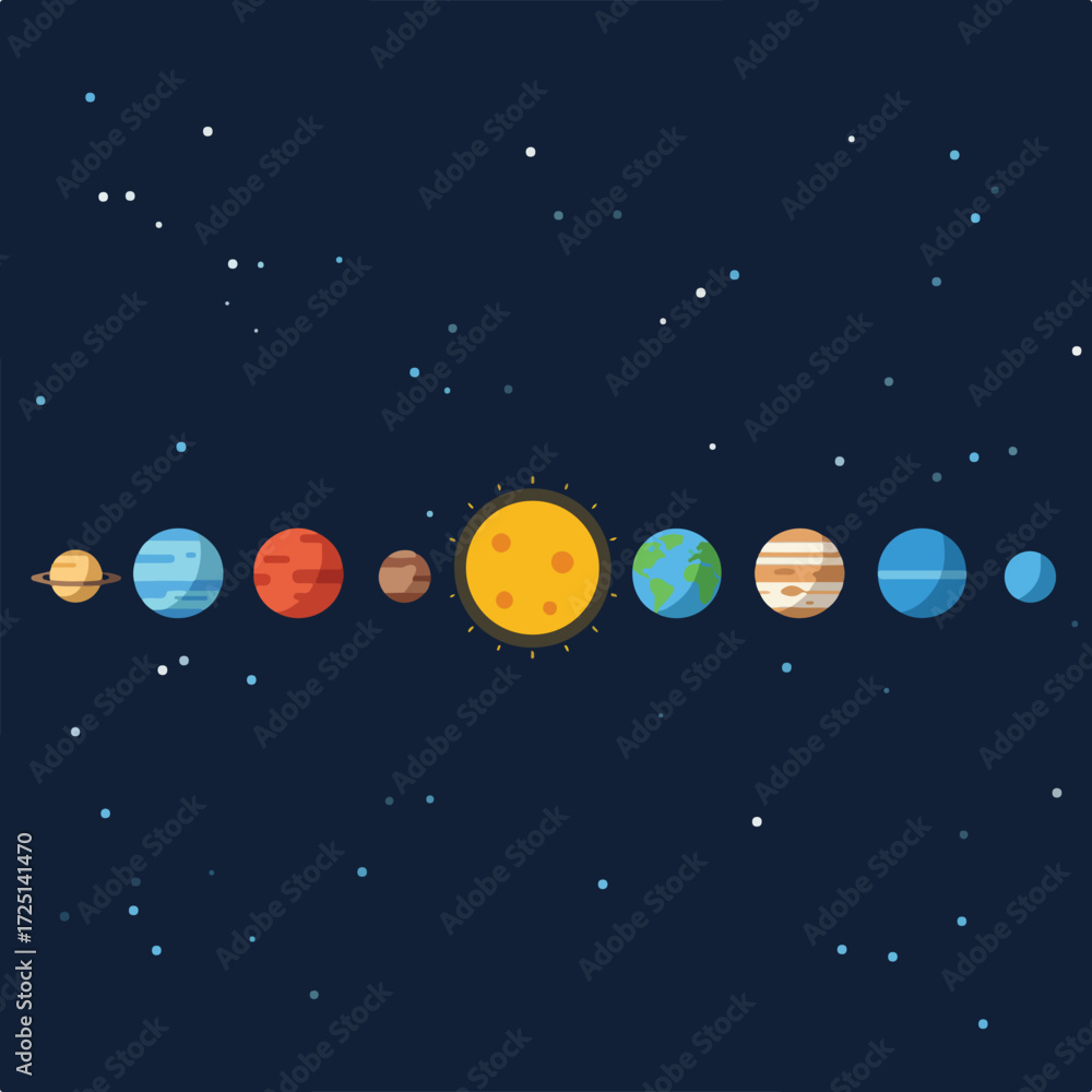 Naklejka premium Cartoonish solar system on dark background, planets aligned, small stars