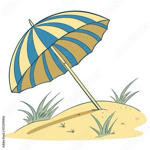 Yellow and blue striped umbrella casting a shadow on a sandy dune with grass beach