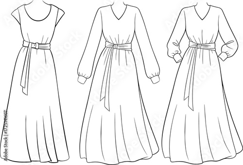 Women’s belted dress collection, sleeveless scoop neck, puff sleeve v‑neck, fashion flat sketch, CAD apparel drawing, vector clothing design, front view