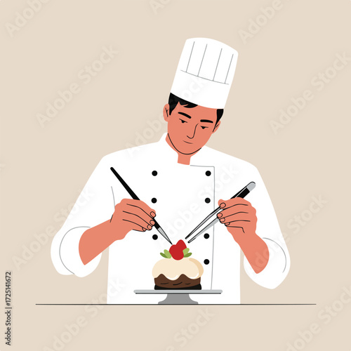 Flat illustration chef meticulously decorates cake with strawberry using tweezers